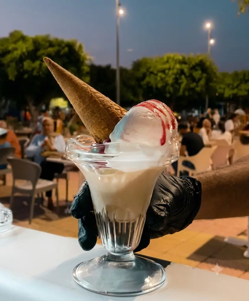Glace artisanale servie en terrasse