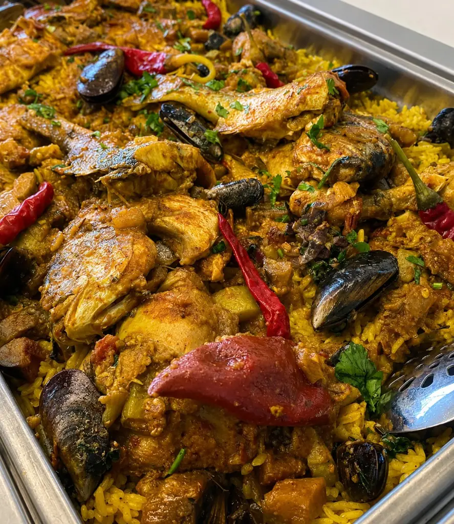 Paella aux fruits de mer et poissons grillés
